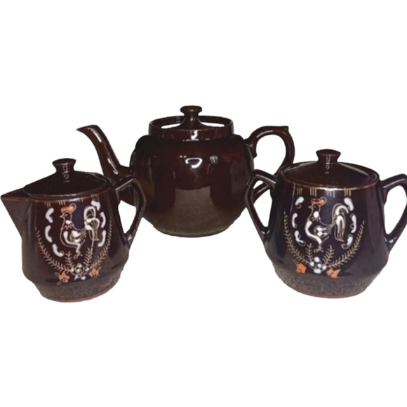 Vintage Japanese Brown Betty Rooster Ceramic Tea Set - Teapot, Sugar Bow… - Picture 1 of 13
